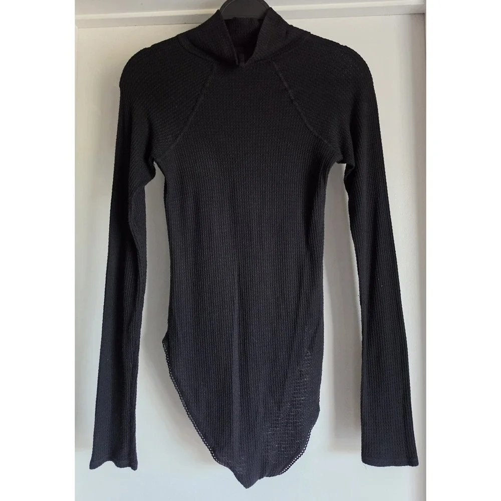 Free People Bodysuit Medium Black Turtleneck Long Sleeve Solid Snap Top